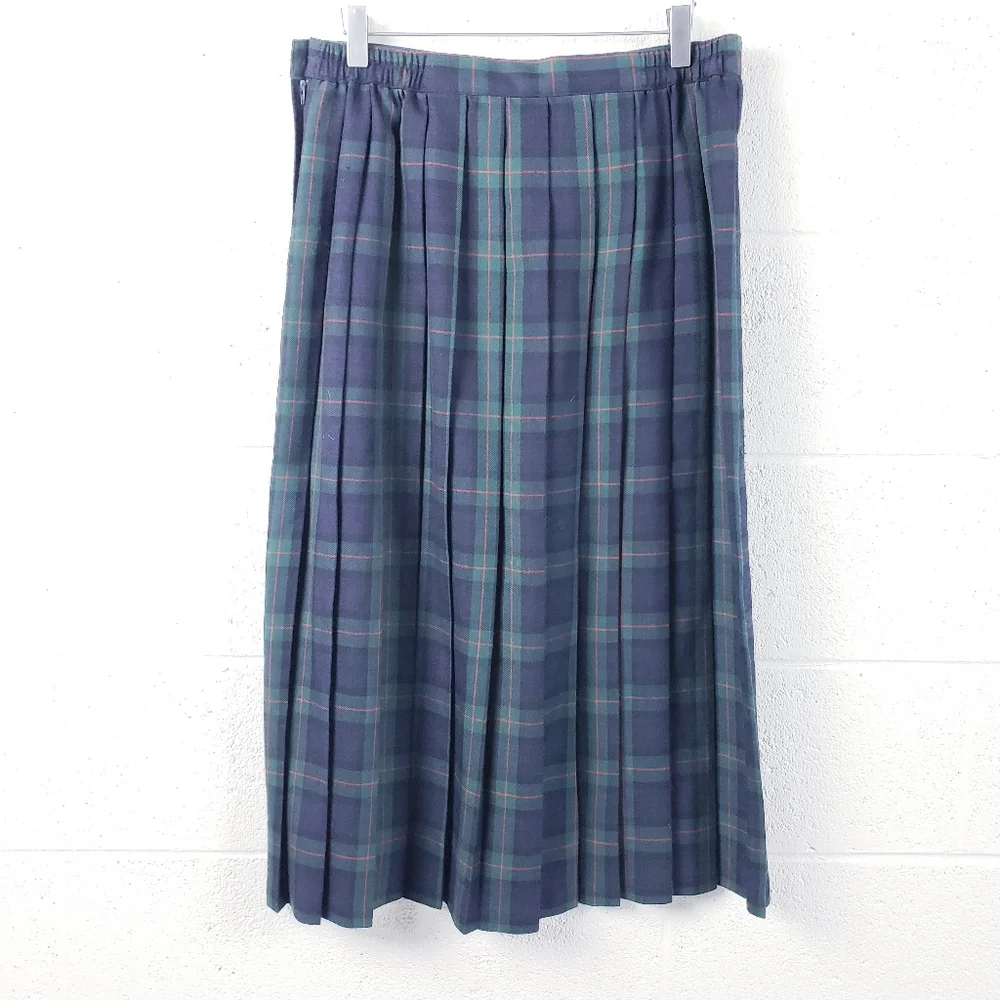 Vintage School Girl Pleated A-Line Midi‎ Skirt Blue Green Plaid Women's Size 14